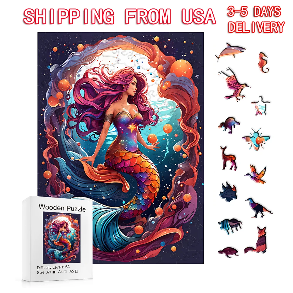 Mermaid wooden puzzle with special shapes, adult stress relieving circular magic, unique irregular animal wooden puzzle