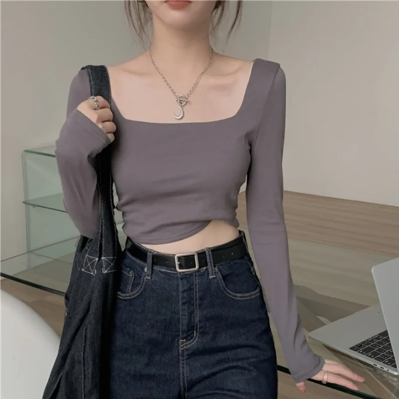 

Y2k Solid Color T-shirt Womens Square Collar Short Top 2023 Spring Autumn New Korean style Bottoming Wear