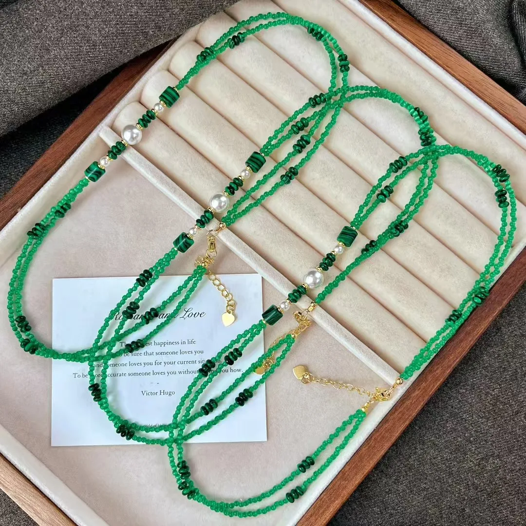 

New Design Vintage Highlight Green Cat's Eye & Pearl Emerald Necklace Collarbone Chain