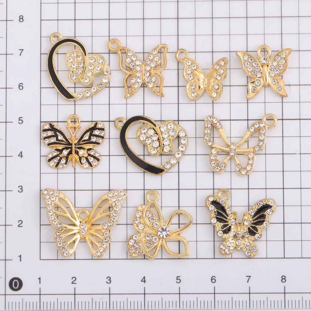 10Pcs/Lot Mixed Style Delicate Alloy Rhinestone Butterfly Pendant Gold Plated For DIY Earrings Necklace Jewelry Making Charms