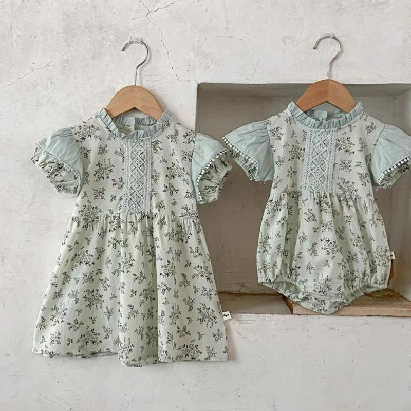 Matching Sister Outfit 0-6Y Baby Girls Clothes Kids Summer New Girls Short Sleeve ​Dress Plaid Flower Baby Romper Princess Dress