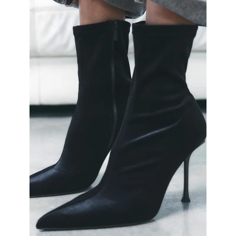 נעלי קרסול סקסיות לסתיו 2024 עבור נשים, מגמת חורף לנשים, גרבי סקיני אלסטיות, מגפיים עם עקב דק ועקב גבוה, מגף קצר