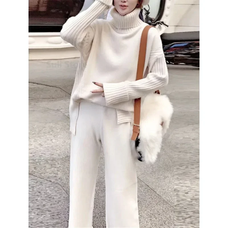 Sweater Set Warm suit for Women Winter Knitted Suits 2 Piece  Soild Turtleneck  + Loose Trousers Office Lady Suit N326