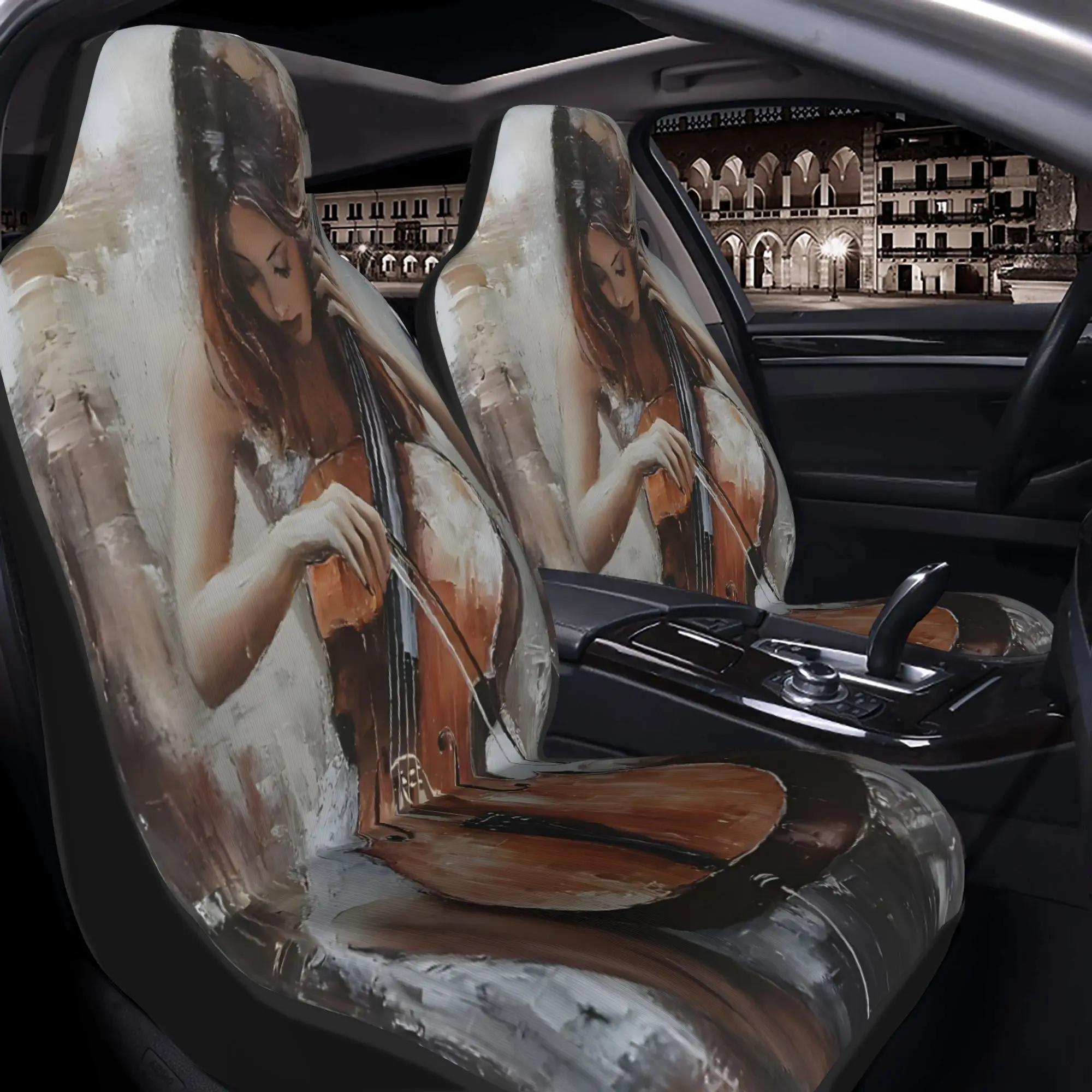 2pcs A Woman Playing Cello In Oil Painting Style With Textured BackgroundCar Seat Covers, Suitable For All Vehicles, Christmas G