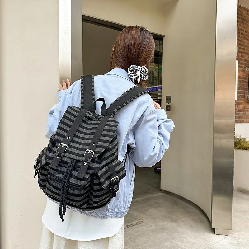 High Quality Korean Style Retro  Backpacks Drawstring Design Flat Stripe Bookbags Large Capacity Soft Tote Bags Unisex