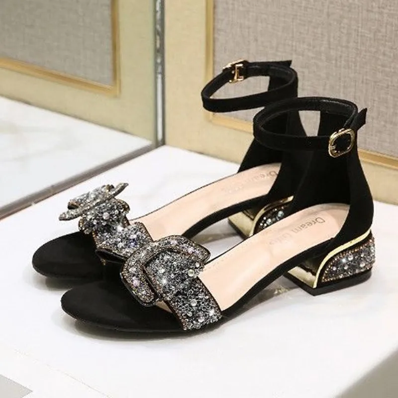 2024 Rhinestone Butterfly-knot Sandals Summer Women Crystal Fairy Wind Thick Heels Sandals Female All-match Casual Slides Shoes