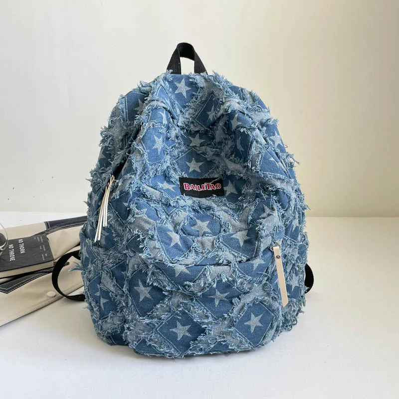 

New Fashion Y2K Denim Backpack for Women Distressed School Bag Retro Star Pattern Rucksack Casual Travel Female Laptop Daypack