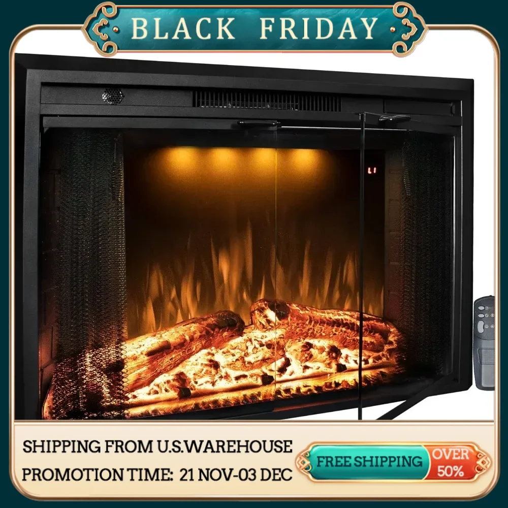 36 Inch Electric Fireplace with Glass Door and Mesh Screen, Multi-color Flames and Flame Crackling Sound, Timer, 750/1500W