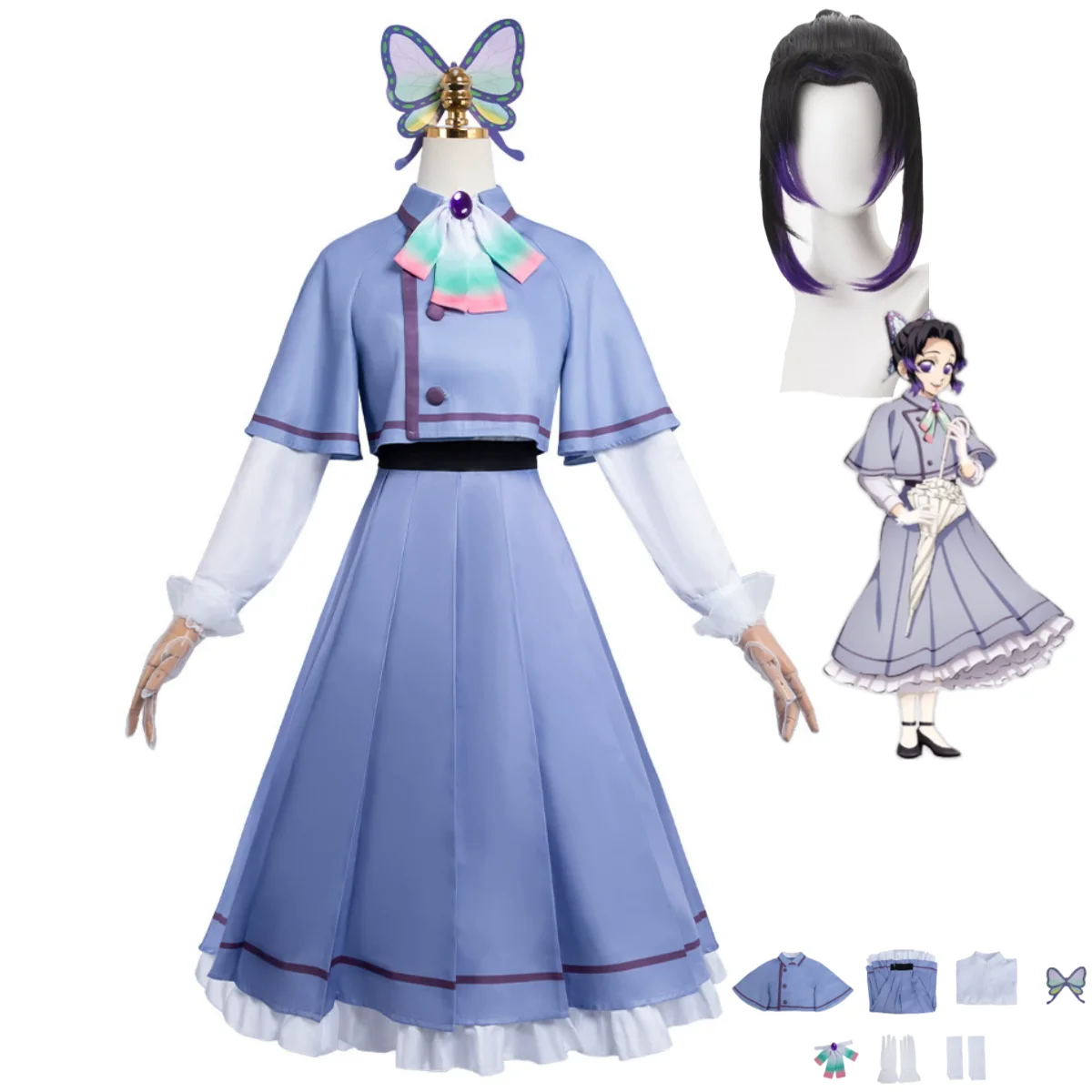 Costume de Cosplay Anime Kochou Shinobu, jupe bleue de loisirs, robe de soirée, châle, perruque, couvre-chef pour femme, Costume de carnaval mignon de noël