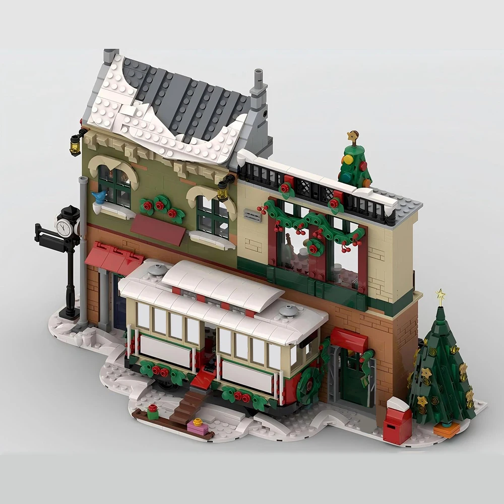 MOC New City Street View Tram Coffee Shop DIY Medieval Christmas Building Model Building Blocks Children's Toys New Year Gift