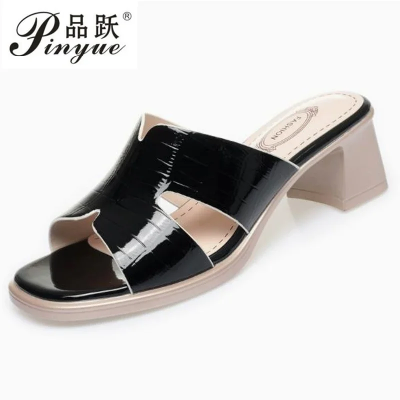 

4.5cm Women Slippers Patent Leather Mixed Colors Female Flip flop Shoes Summer Fashion High Heels Slides Comfortable Sandals