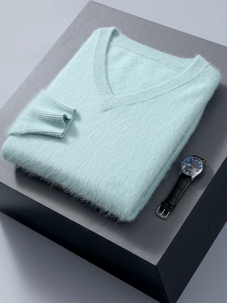 

Men's Winter Thiened Hooded Mink Sweater Pure Color Warm Large Size V-Ne Knitted irt Casual Busin Sle Long Sve