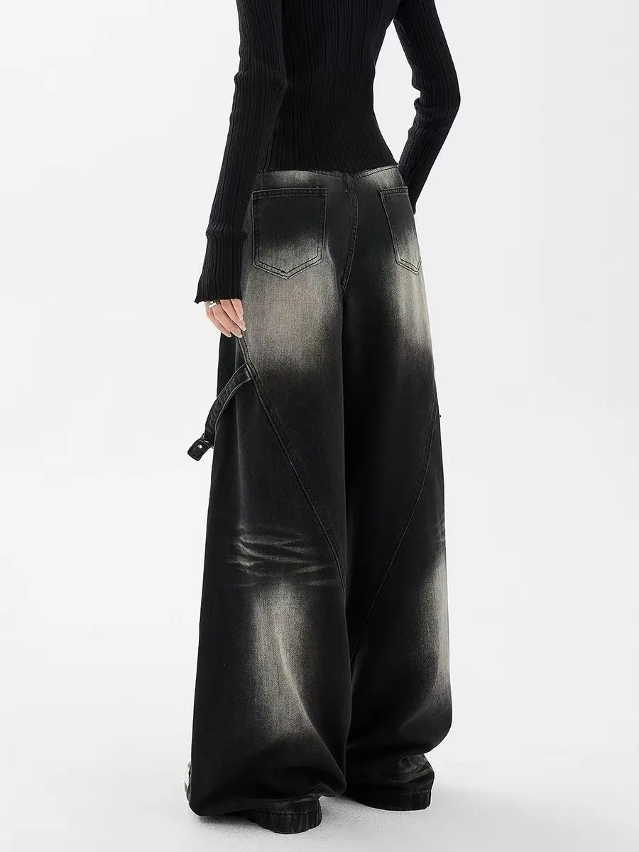 Vintage Black Washed Baggy Women's Jeans Streetwear Wide Leg Curved Blade Pants Cowboy Casual Denim Trousers Female Clothing