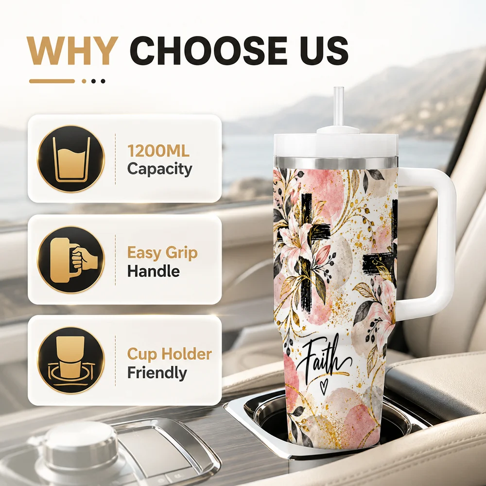 Cross Faith Gift Buyers Vacuum Flasks 40oz Leakproof Steel Tumbler w/ Lid Straw Handle Hot Cold Drinks