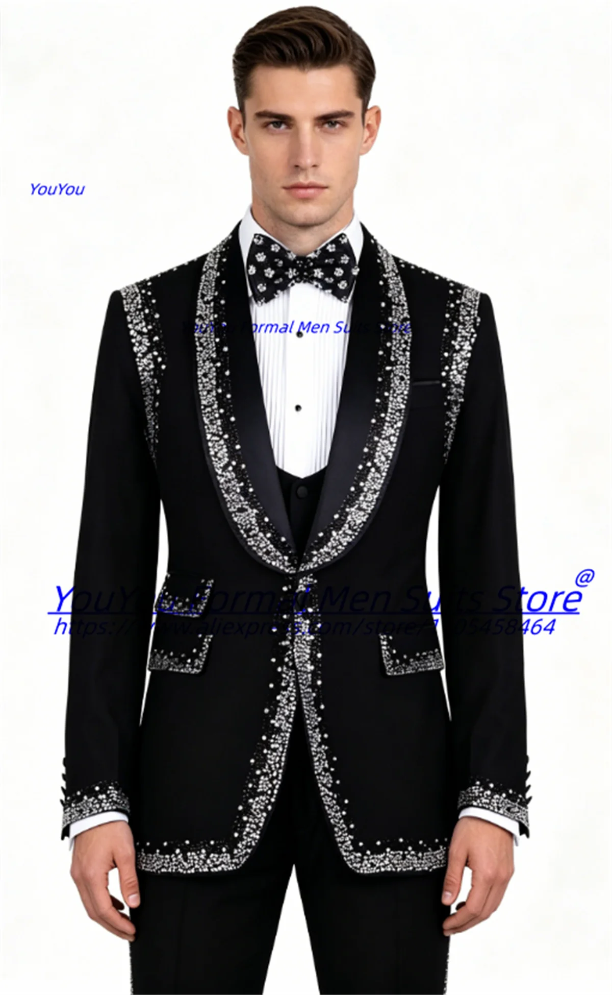 

Luxurious Black Shiny Diamond Crystal Prom Men Suits Customized Slim Shawl Lapel Groom Wedding Tuxedos 3 Pieces Sets Ropa Hombre