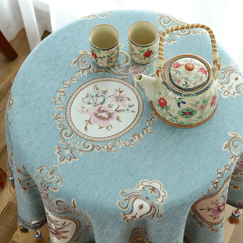 

High-Grade Tassel Embroidery Table Cover European Chenille Yarn-Dyed Jacquard Round Table Cloth Classical Coffee Table Cloth