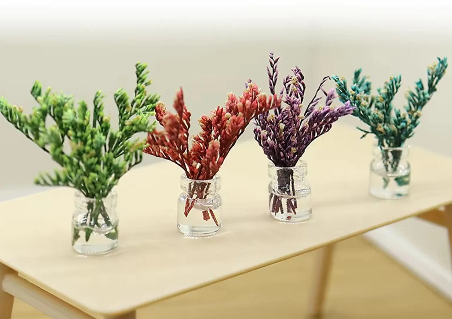 Dollhouse Mini Flower Vase Set,4 Colors Simulation Floral Decor,Bottle with Flowers for Dollhouse Living Room&Diorama Scene