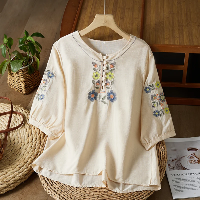 

Retro Artistic Embroidered Top Women's Loose Casual Lightweight Svel Vintage Sle Cotton Summer irt round Ne