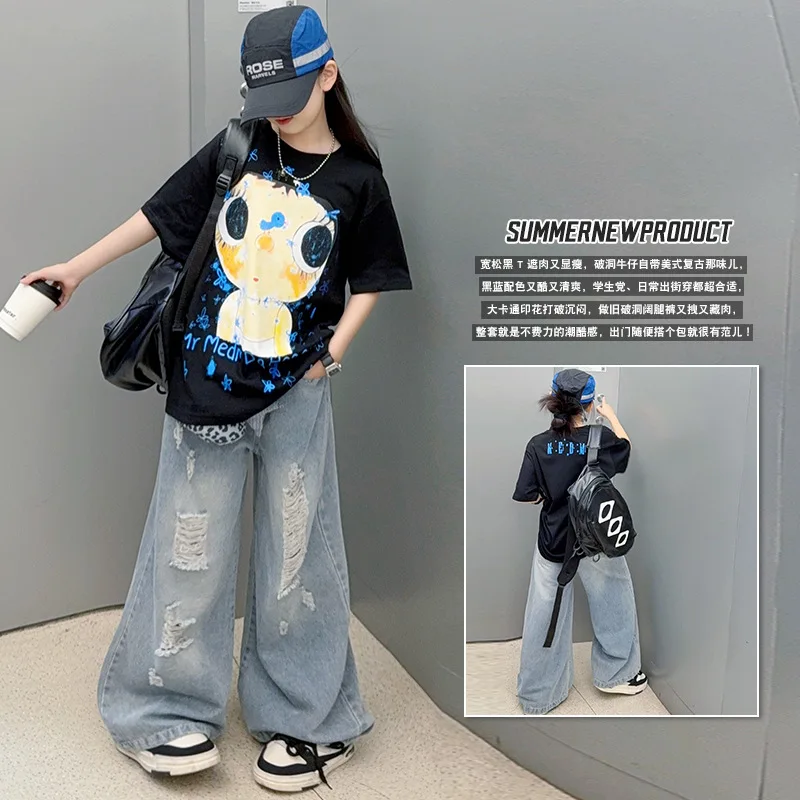 2026 New Arrival Summer Girls Stylish Cartoon Print Loose T-shirt Distressed Ripped Jeans Fashion 2Pcs Outfit For Teenager kids
