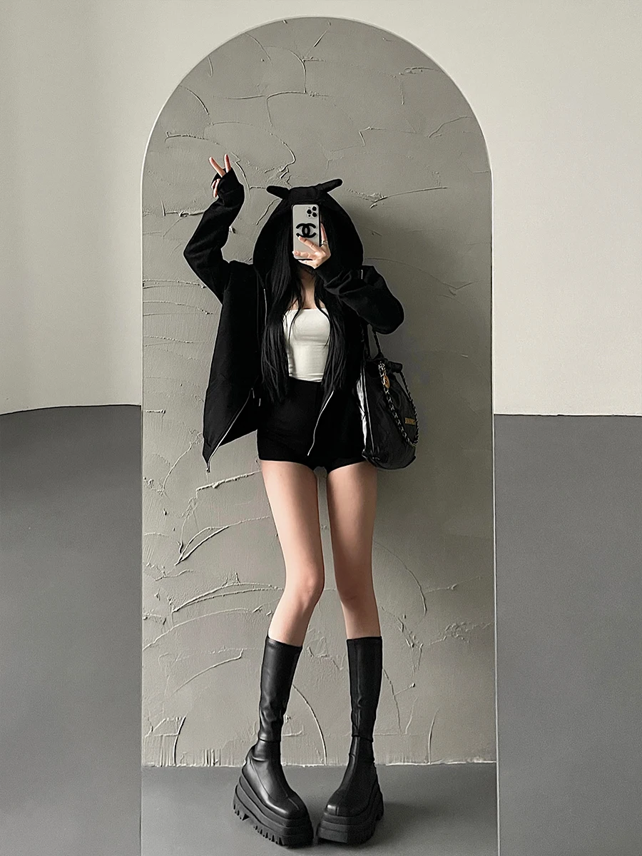 Jaqueta esportiva foada com zíper duplo e design de orelhas de do, casual e confortável, de aodão, para mulheres.