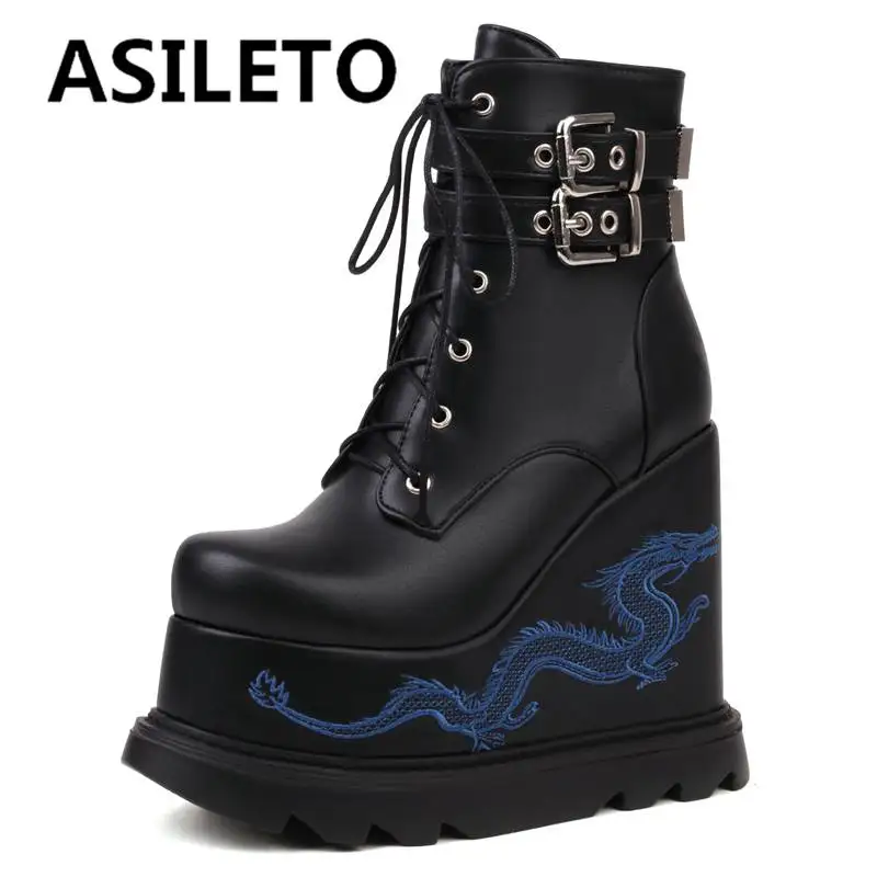 

ASILETO Fashion Women Boots Round Toe Wedges Heel 14cm Platform Hill 6.5cm Zipper Lace Up Buckles Embroidery Big Size 43