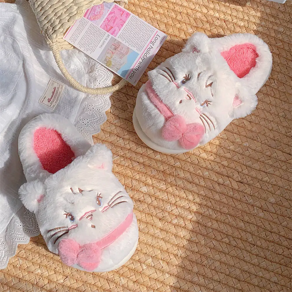 Cute Sweet Bow Cartoon Kitten Plush Cotton Fleeze Slippers Autumn & Winter Mikko Joint Home Warm Fluffy Shoes Indoor Shoes Women