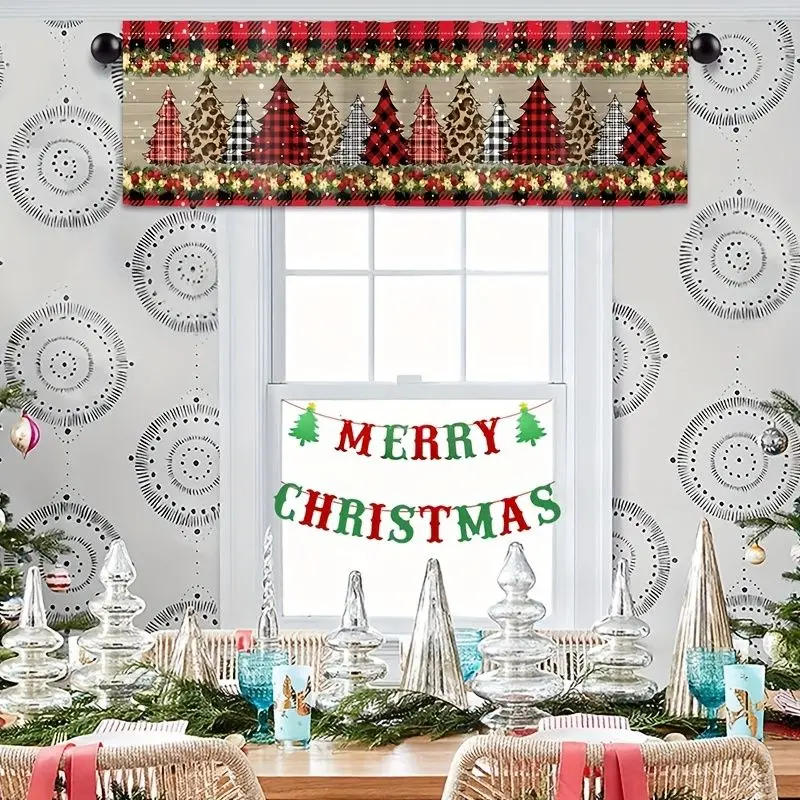 VIKAMA Wood Grain Multi Color Plaid Pine Forest Garland Christmas Short Window Curtain Rustic Tartan Holiday Festive Home Decor