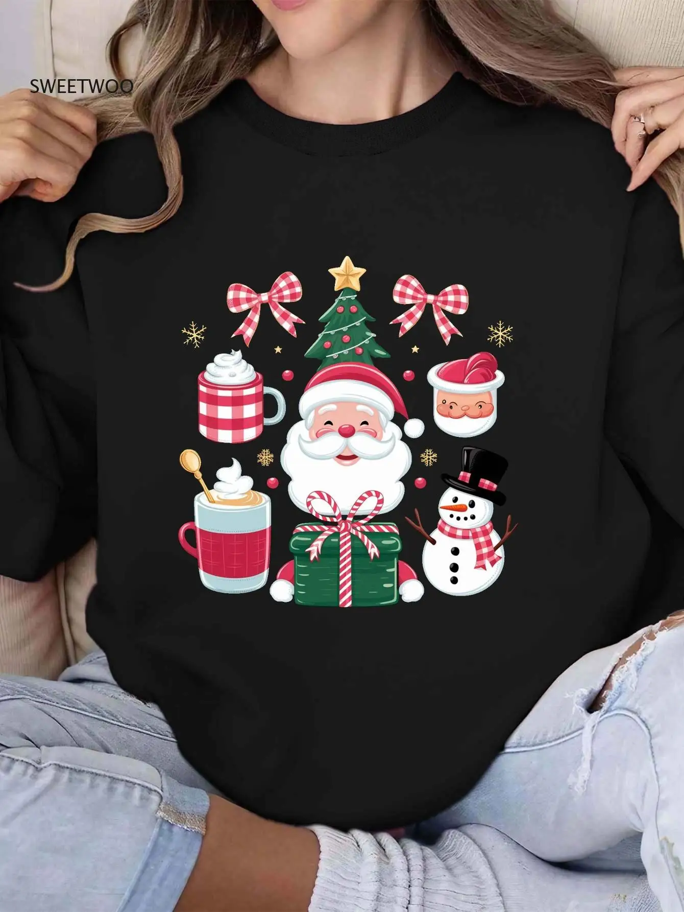 Женская праздничная рождественская толстовка, повседневная с круглым вырезом и жевательным графическим принтом Санта-Клауса и снеговика, геометрический узор на зиму