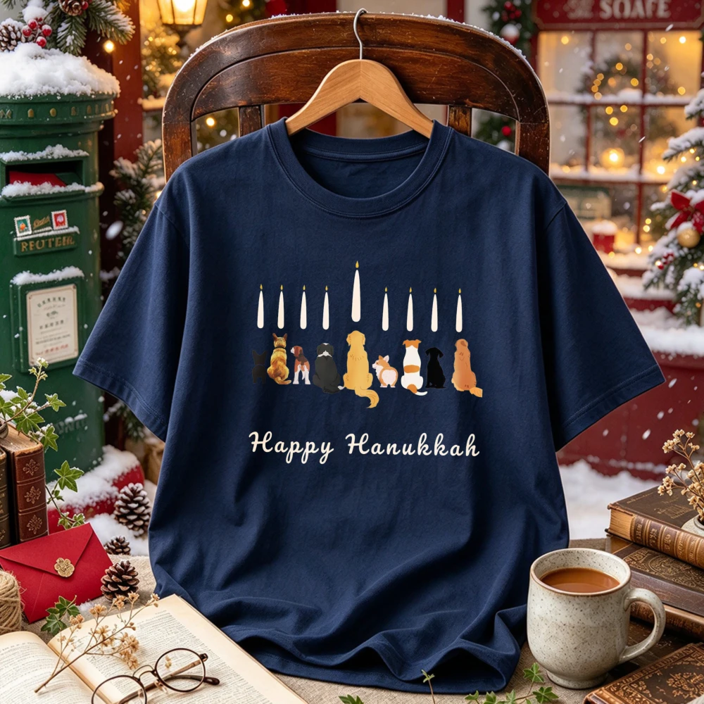 Happy Hanukkah Pets Dogs Cats Menorah Candles Graphic Print Cute Pet Lover Jewish Festival of Lights Holiday Streetwear T-Shirt