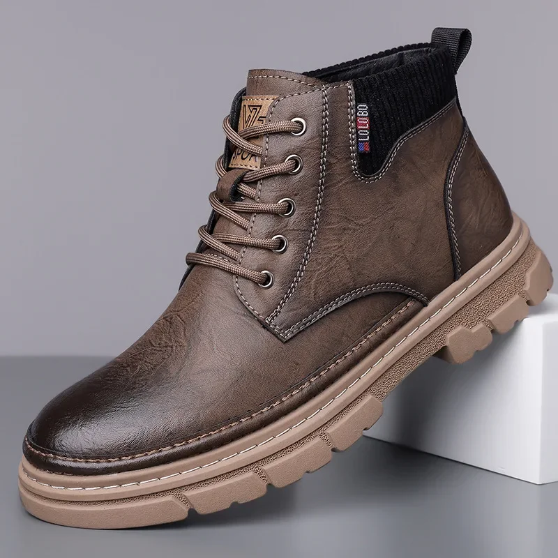 Modische Herren-Winter-High-Top-Schnürstiefel, mit Thermo gefüttert, warmes Leder, Freizeitschuhe, wasserdichte Outdoor-Stiefeletten mit Plateausohle