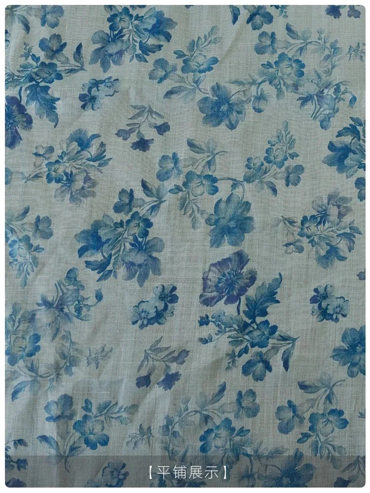 

1 ярд, натуральная чистая ткань рами, синий цветочный принт, платье, рубашка, сумка, ткань Cheongsam для одежды