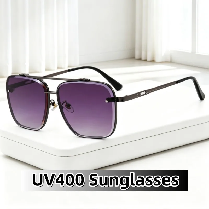 

New Stylish Metal Large Rimless Double-Bridge UV400 Sunglasses Outdoor Driving Anti-UV Sunscreen Ultralight Sun Glasses Unisex