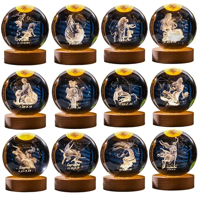 12 Constellation 3DGlass Craft Decoration Crystal Ball Laser Engraved Birthday Solar System Gift Wooden Base Home Desktop Decor