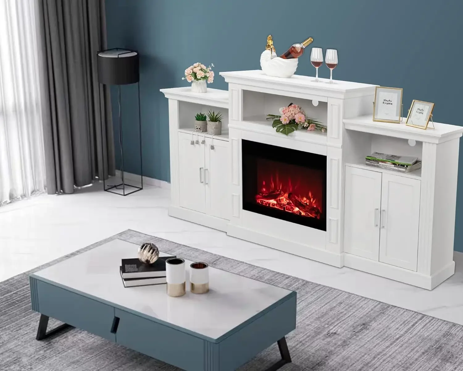 Electric Fireplace with Mantel, Fireplace TV Stand, Wooden Surround Firebox, Freestanding Heater with Shelf, LED Flame