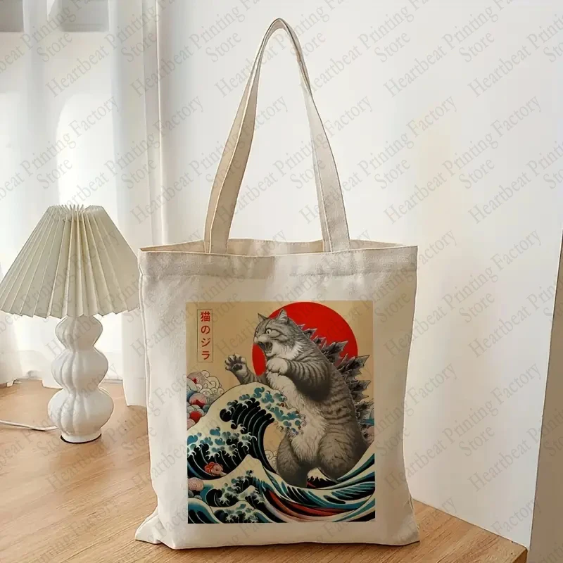 Catzilla Cat Japanese Art Funny Cat Gifts Pattern Tote Bag Canvas Shoulder Bags Women's Reusable Shopping Bags Best Gift