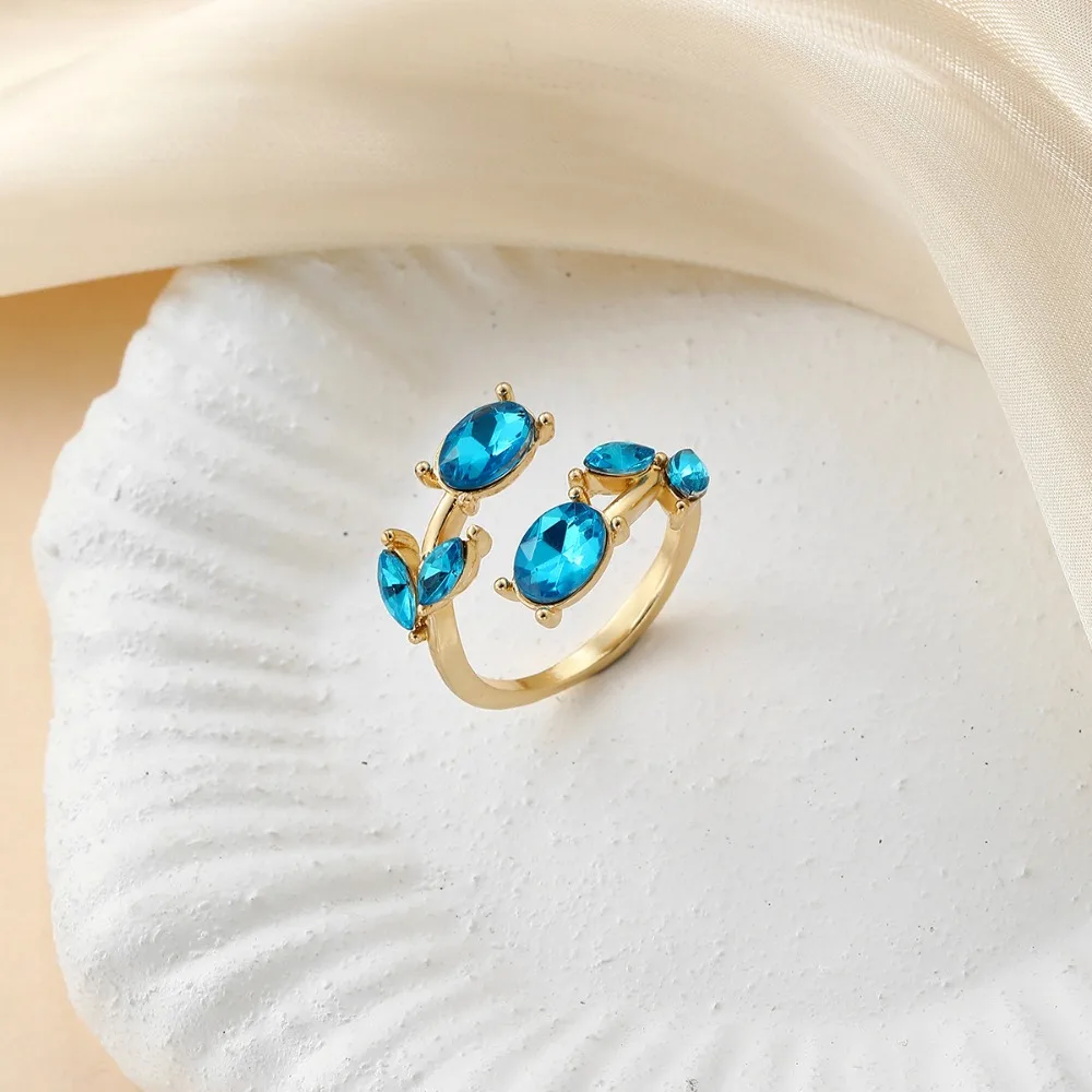 Elegant Adjustable Rhinestones Open Ring Sparkling Alloy Leaf-shaped Ring Multicolor Ornate Floral Statement Ring Daily Wear