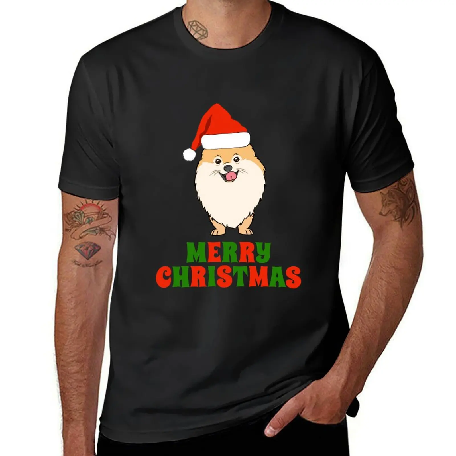 Festive Pomeranian Merry Christmas Tee Shirt T-Shirt hippie clothes blacks oversizeds for a boy Men's clothing