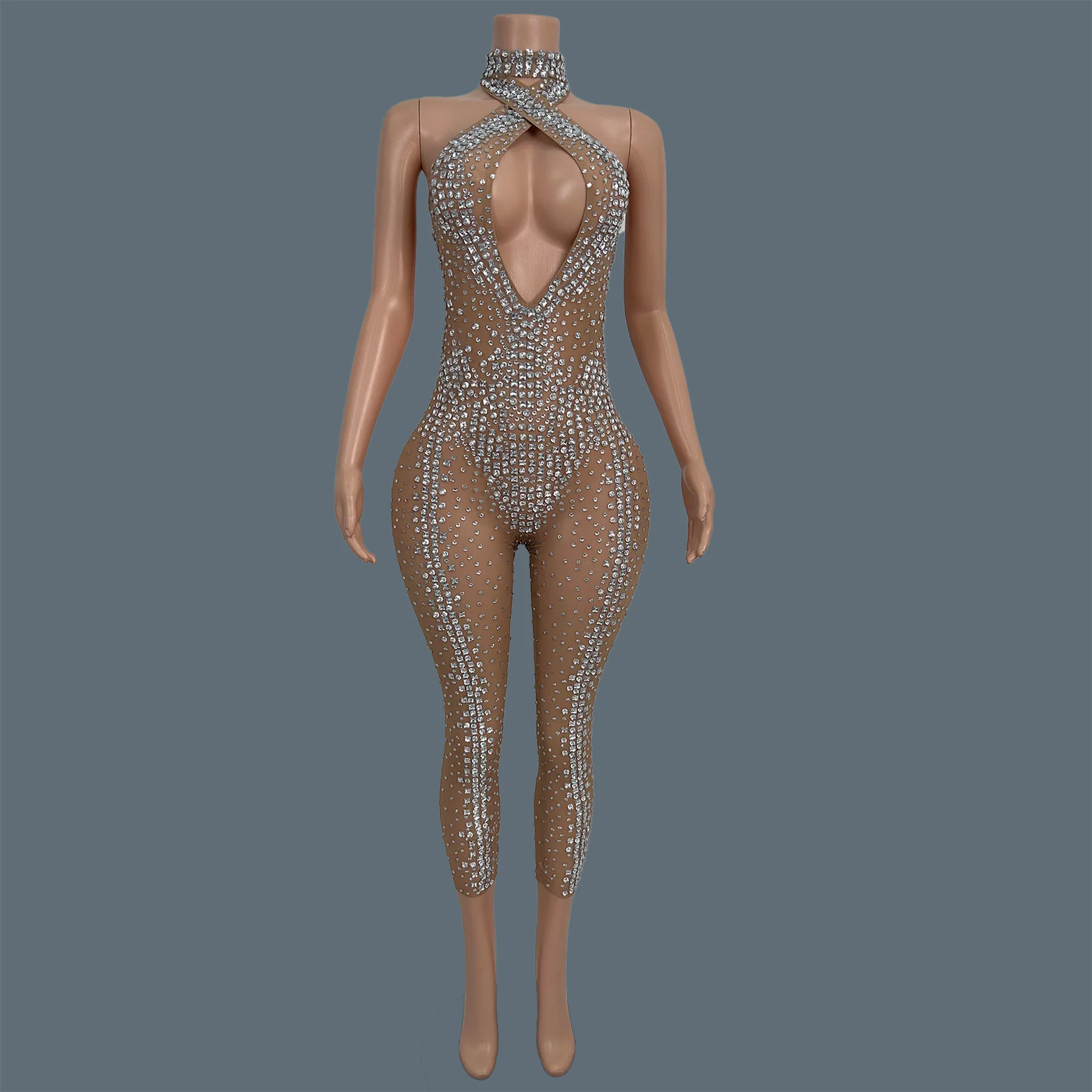 

Облегающий комбинезон с блестящими кристаллами для выпускного вечера, красная дорожка, звездная одежда, дизайнерский наряд для вечеринки в ночном клубе, ажурный комбинезон Jiaochaku