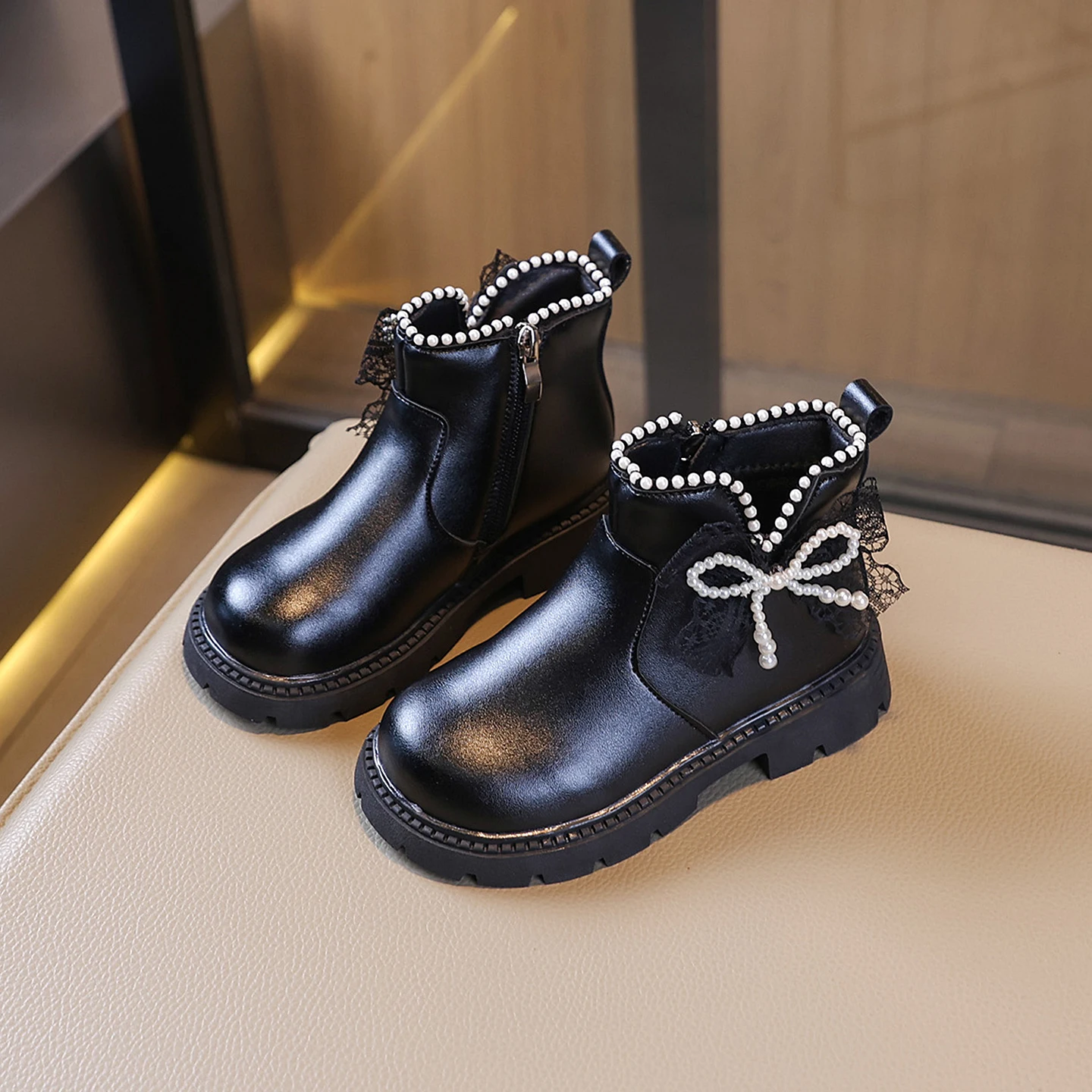 Elegant Leather Boots Kids Ankle Boots Super Warm Velevt Autumn Winter Shoes Girls Low Heel Fashion Butterfly-knot Student Shoes