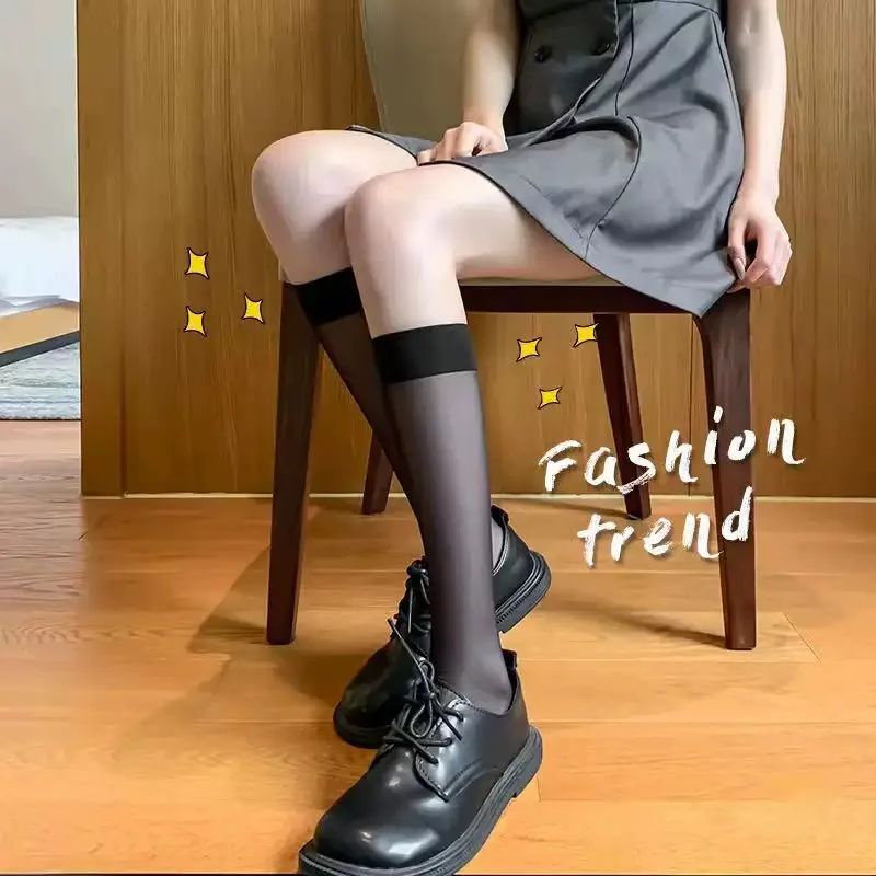 Summer Ultra Thin Translucent Silk Knee Tube Jk Girls Socks Women See Through Long Socks Nylon Sheer Knee High Lolita Stockings