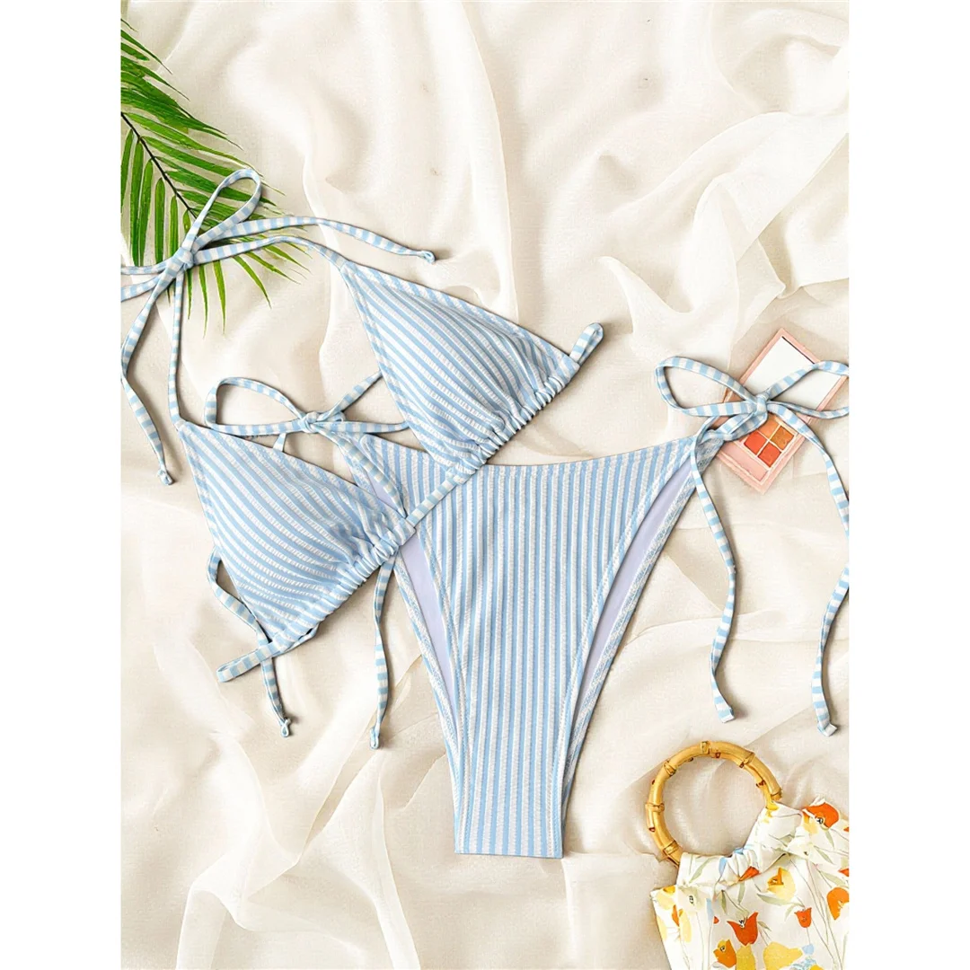 S - XL Gestreifter Neckholder-Bikini, Damen-Badeanzug, zweiteiliges Bikini-Set, hoch geschnittene Beine, Badebekleidung, Badeanzug, Schwimmbekleidung V8527 – Detail 17