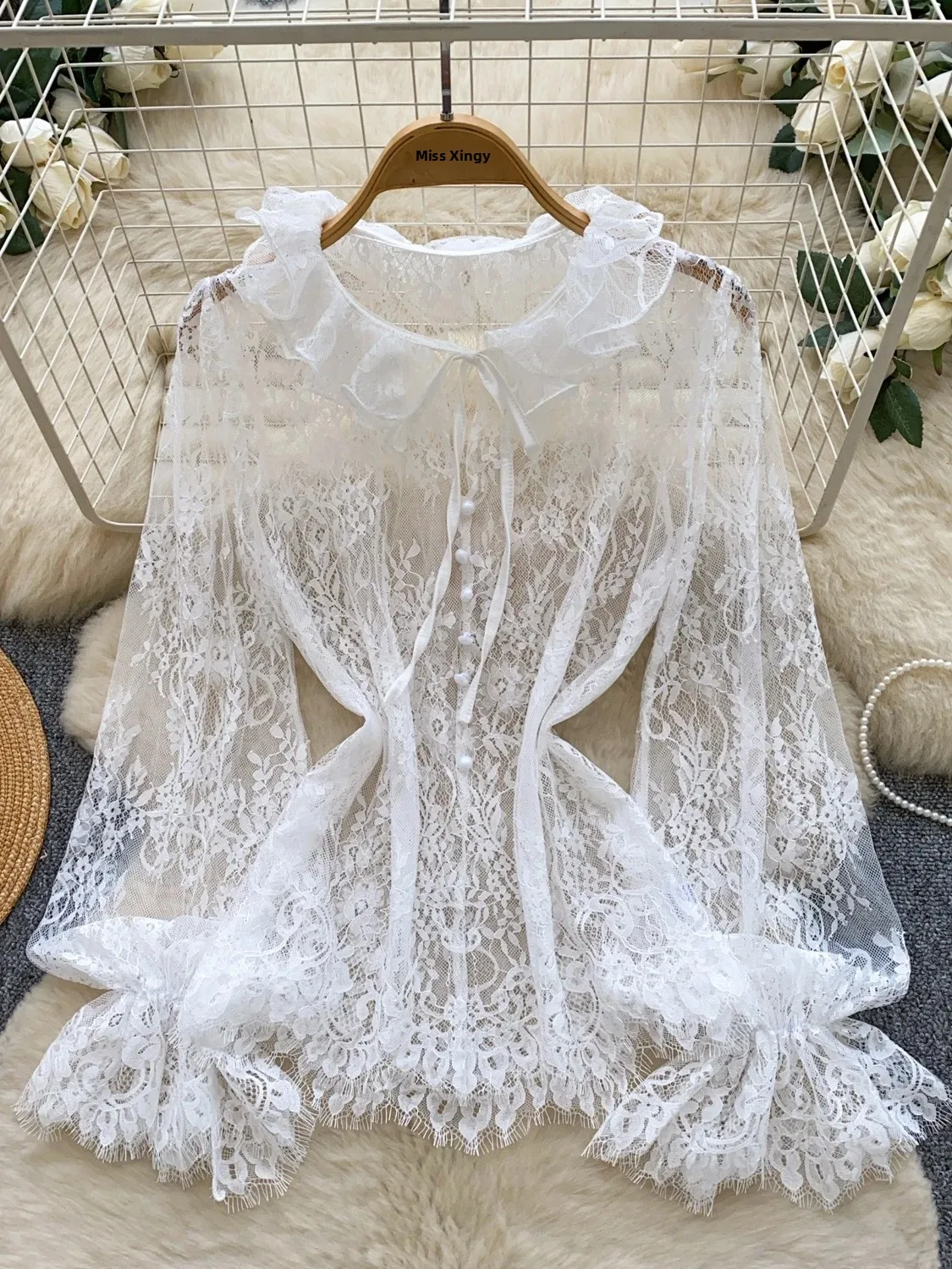 Elegant Lace Hollow out Long Sleeve Shirt Women's Loose Cardigan Commute Anti Aging Top Korean Style Autumn Fashion 2026