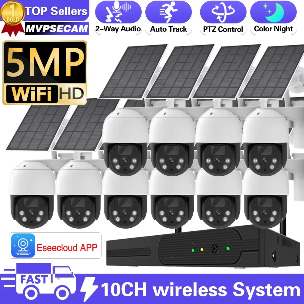 

Low-power 5MP WiFi Video Surveillance Camera System 10CH P2P WIFI NVR Set 2Audio Auto Tracking CCTV Solar Cameras Security Kit