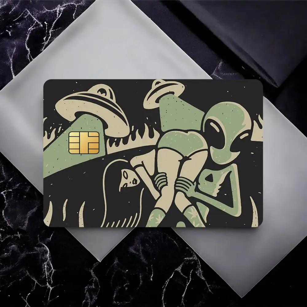 Funny A-Alien Abduction Bank Card Sticker Film Tape Skin For Credit Card Debit Card Waterproof Stickers