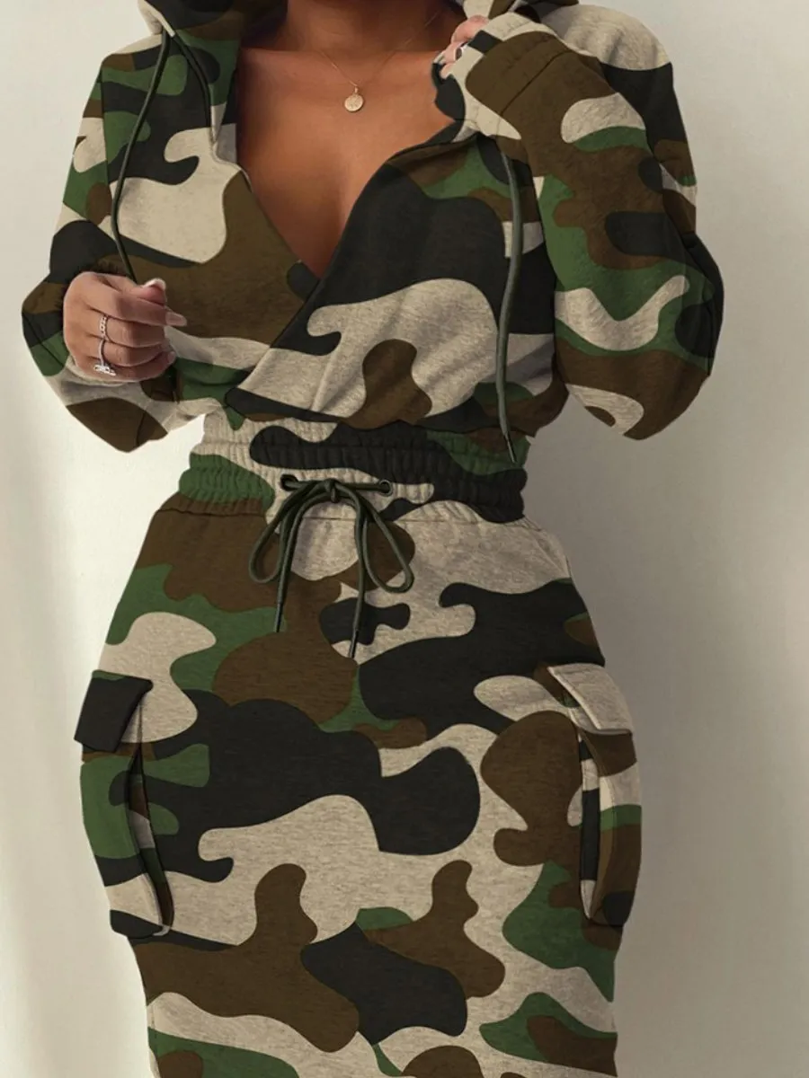 LW Plus Size Camo Print tasca laterale Cargo Dress con scollo a V felpa con cappuccio manica lunga abito Casual da donna con lacci Pullover Dress