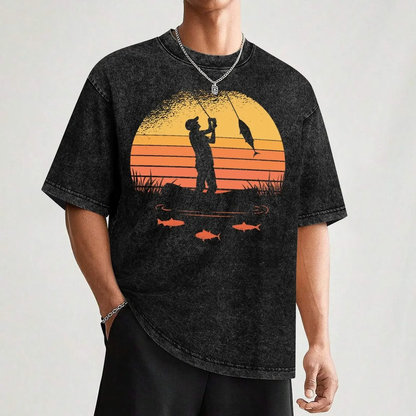 تي شيرت FISHERMAN SUNSET، ملابس لطيفة، قمصان بتصميم الرسوم المتحركة للرجال، جرافيك