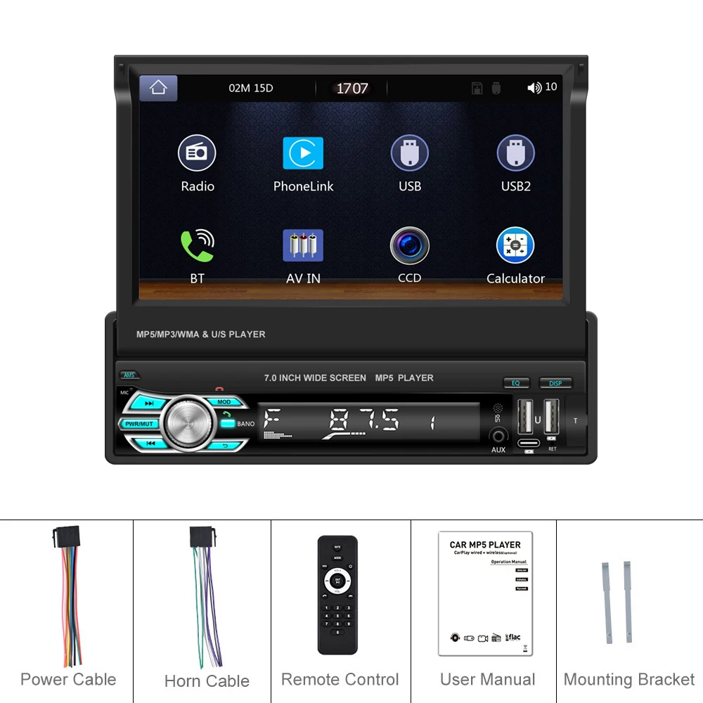 Leekooluu Universele 7 "1din Autoradio Handmatig Intrekbaar Scherm Android Auto Carplay Multimedia Video Mp5 Speler Usb/Sd/AUX-IN