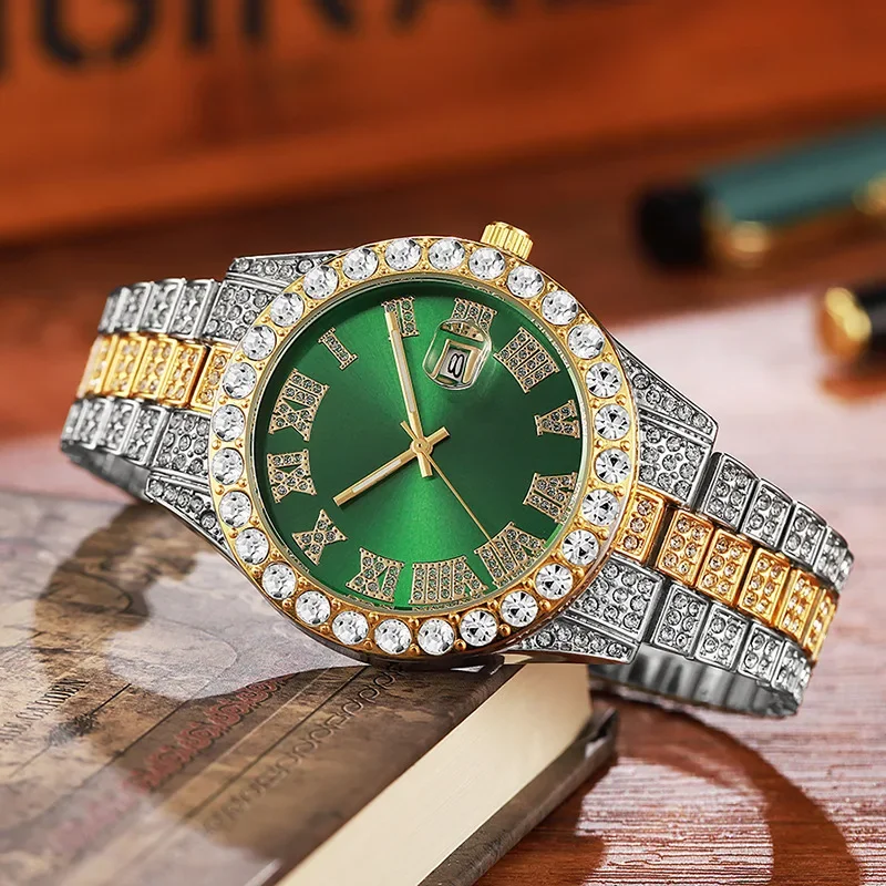스테인레스 스틸 남성용 시계 전체 다이아몬드 골드 쿼츠 시계 성격 힙합 풍수 유령 로마 다이아몬드 상감 남성용 시계