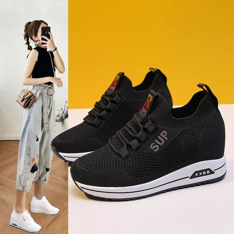 White Platform Shoes Hidden Heel Women Casual Platform Sneakers Women Height Increase Wedges Shoes For Women Trainers Black Pink