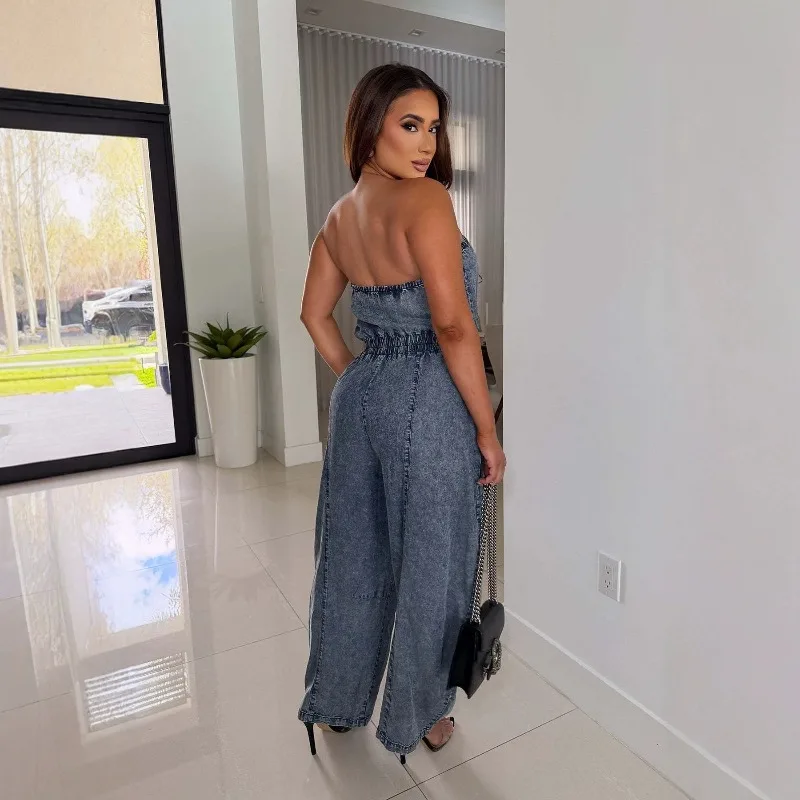 Denim Jumpsuit Bandeau Off‑Shoulder Neckline Slim‑Cut Straight Wide‑Leg Silhouette Casual One‑Piece Denim Outfit